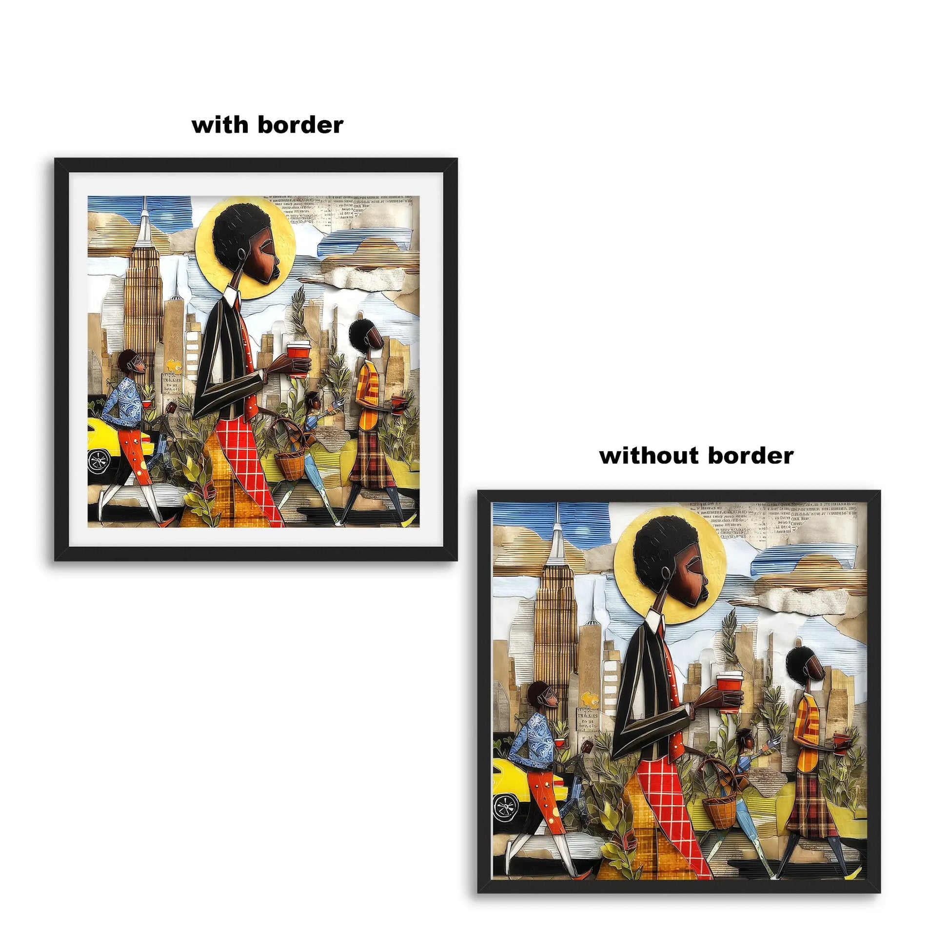 Abstract Afrocentric wall art print showing Black professionals walking in Manhattan morning rush hour with coffee cups and plants, dynamic elongated figures, city skyline, taxis, and street signs in warm tones.