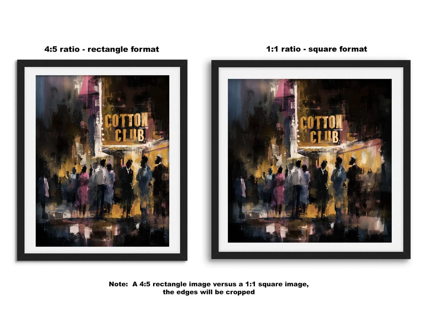 Side-by-side comparison of rectangular and square fine art print formats, showing how the same artwork is displayed in different aspect ratios to suit various home décor styles.