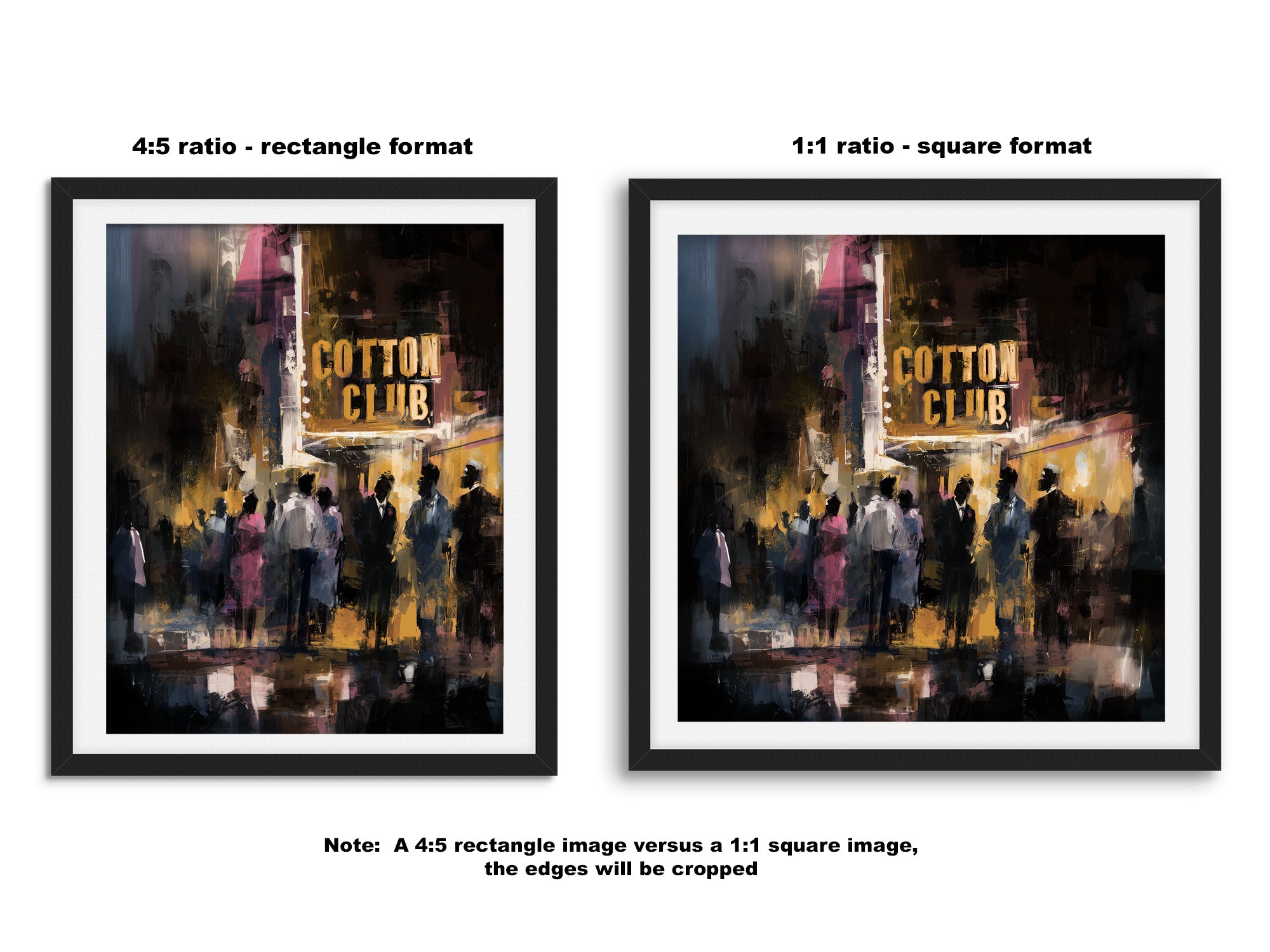 Harlem Cotton Club art print showing Black people standing outside the historic jazz nightclub with a glowing marquee at night in a Harlem Renaissance style street scene.