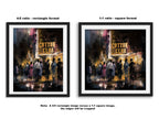 Harlem Cotton Club art print showing Black people standing outside the historic jazz nightclub with a glowing marquee at night in a Harlem Renaissance style street scene.