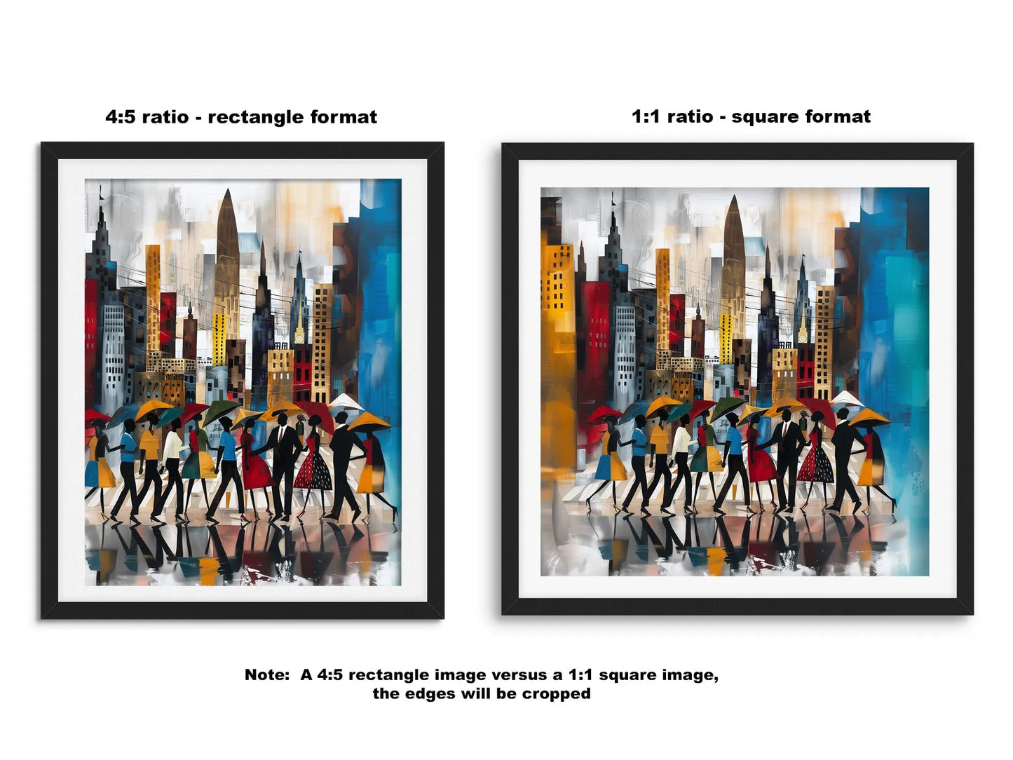 Side-by-side comparison of rectangular and square fine art print formats, showing how the same artwork is displayed in different aspect ratios to suit various home décor styles.