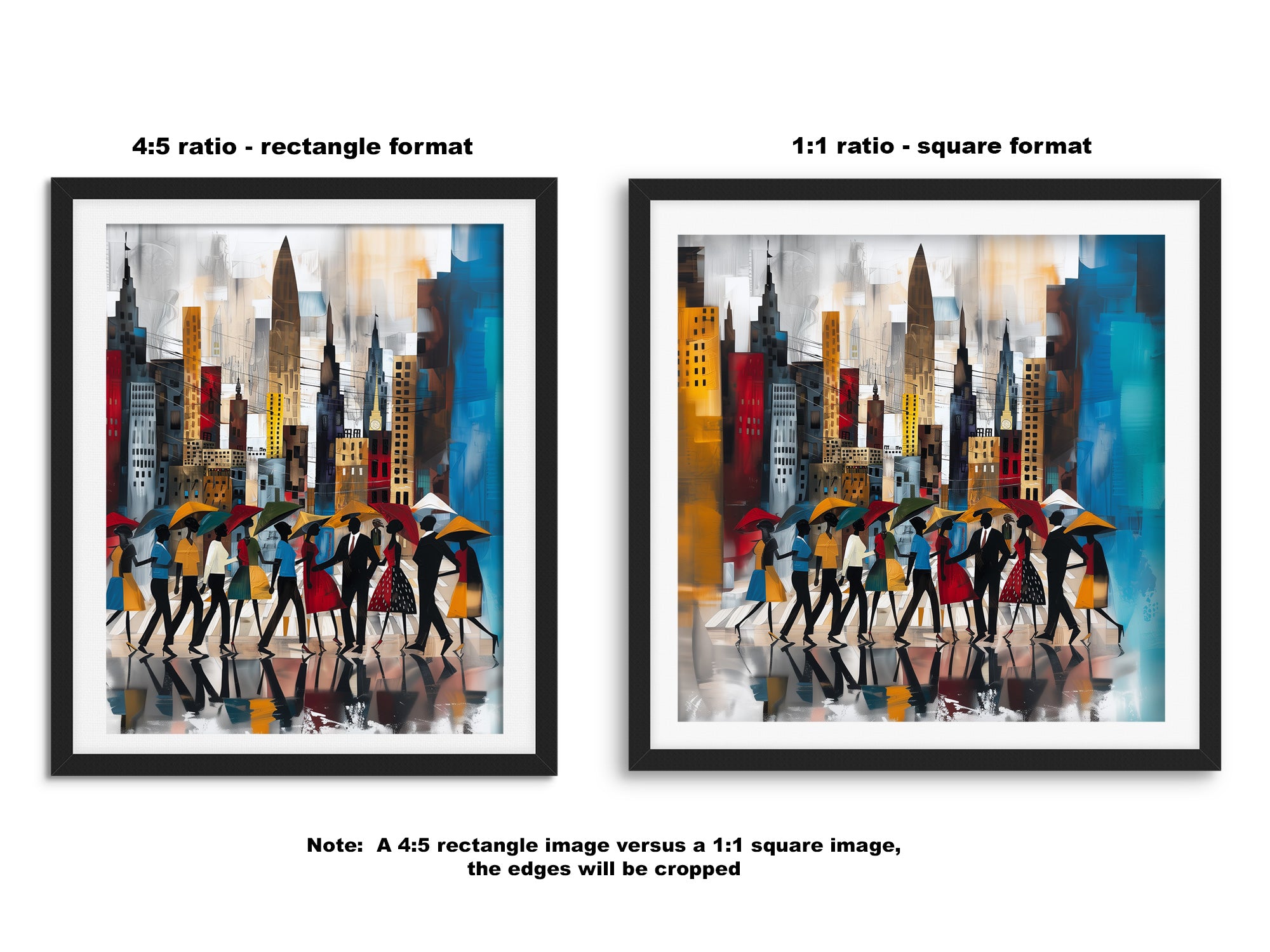Side-by-side comparison of rectangular and square fine art print formats, showing how the same artwork is displayed in different aspect ratios to suit various home décor styles.