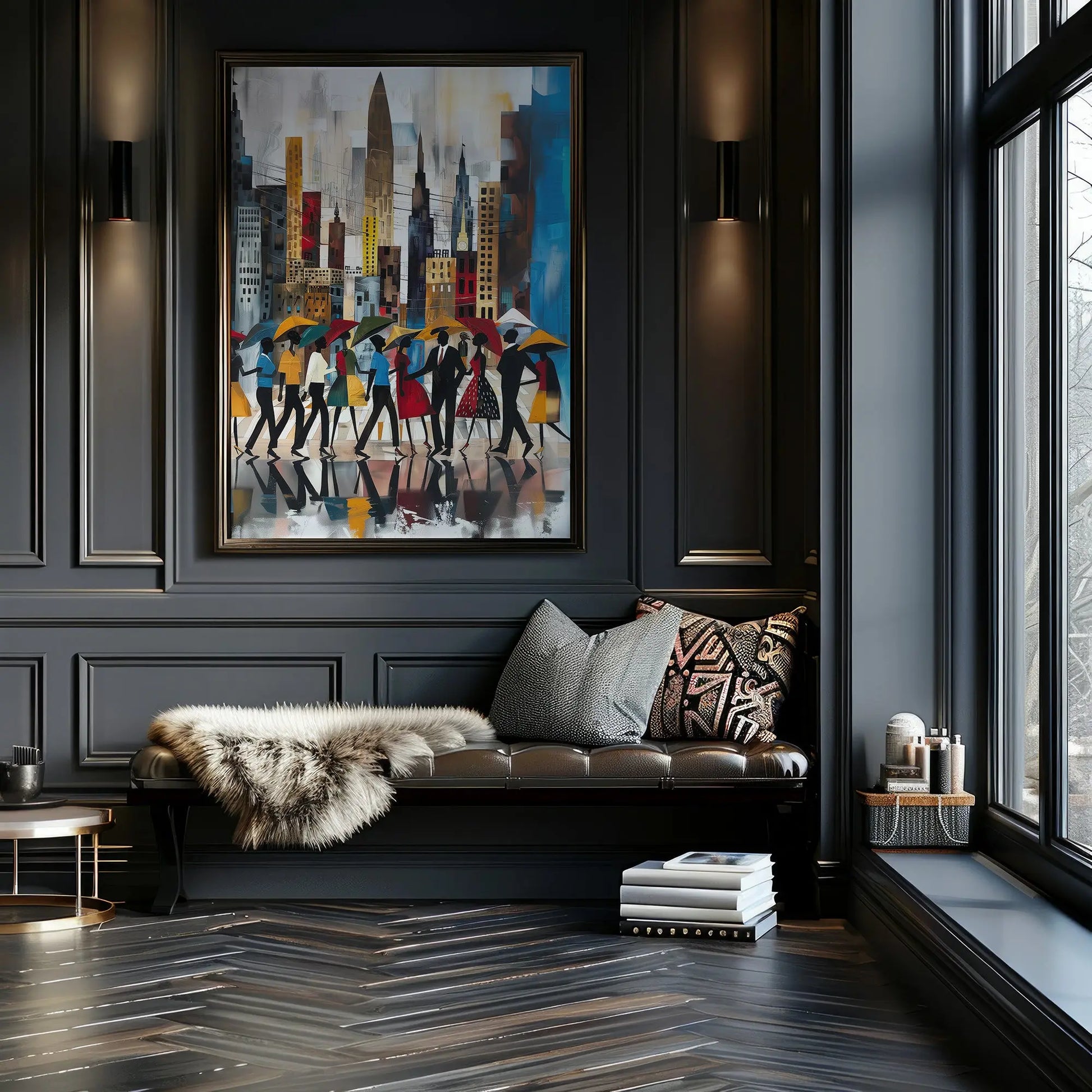 Abstract Afrocentric art print featuring Black silhouettes walking through rainy Manhattan streets with umbrellas and the New York City skyline in the background, displayed in a burnished gold frame on a rich black wall as natural sunlight filters through a nearby window, casting soft, elegant shadows across the artwork.