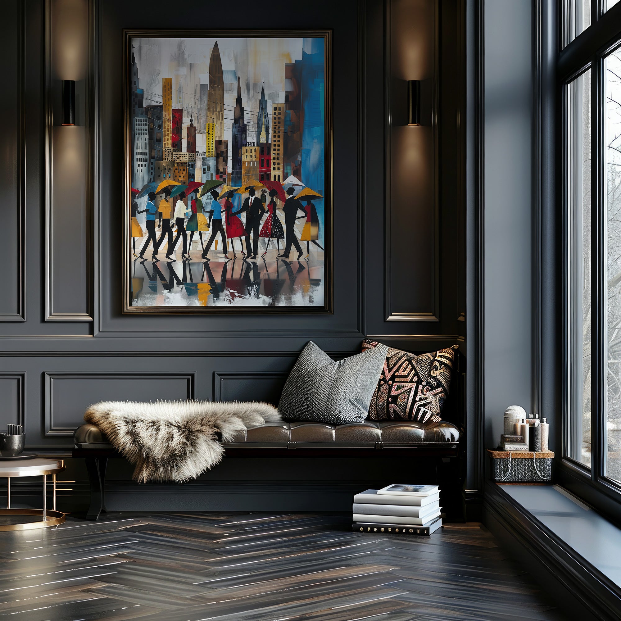 Abstract Afrocentric art print featuring Black silhouettes walking through rainy Manhattan streets with umbrellas and the New York City skyline in the background, displayed in a burnished gold frame on a rich black wall as natural sunlight filters through a nearby window, casting soft, elegant shadows across the artwork.