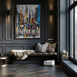 Abstract Afrocentric art print featuring Black silhouettes walking through rainy Manhattan streets with umbrellas and the New York City skyline in the background, displayed in a burnished gold frame on a rich black wall as natural sunlight filters through a nearby window, casting soft, elegant shadows across the artwork.