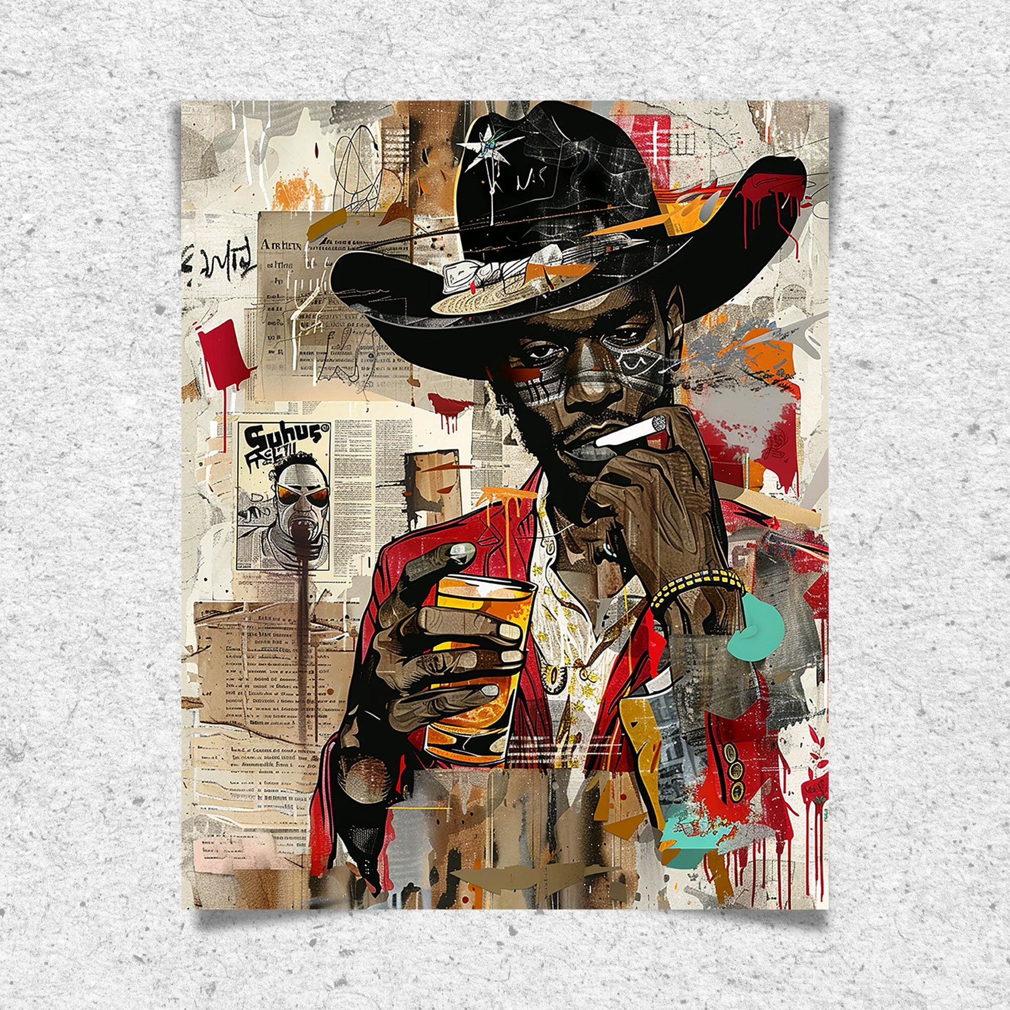 Black Cowboy Pop Art Print featuring a stylish African American cowboy in an edgy graffiti pop art style. Afrocentric Western wall decor with bold colors and textured street art design.