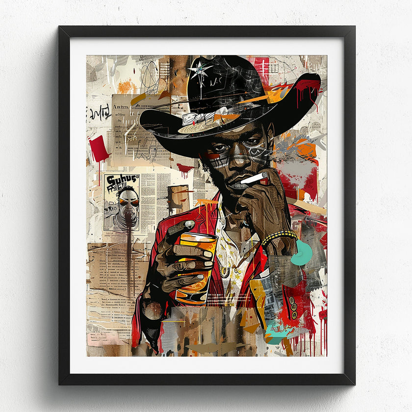 Black Cowboy Pop Art Print featuring a stylish African American cowboy in an edgy graffiti pop art style. Afrocentric Western wall decor with bold colors and textured street art design.