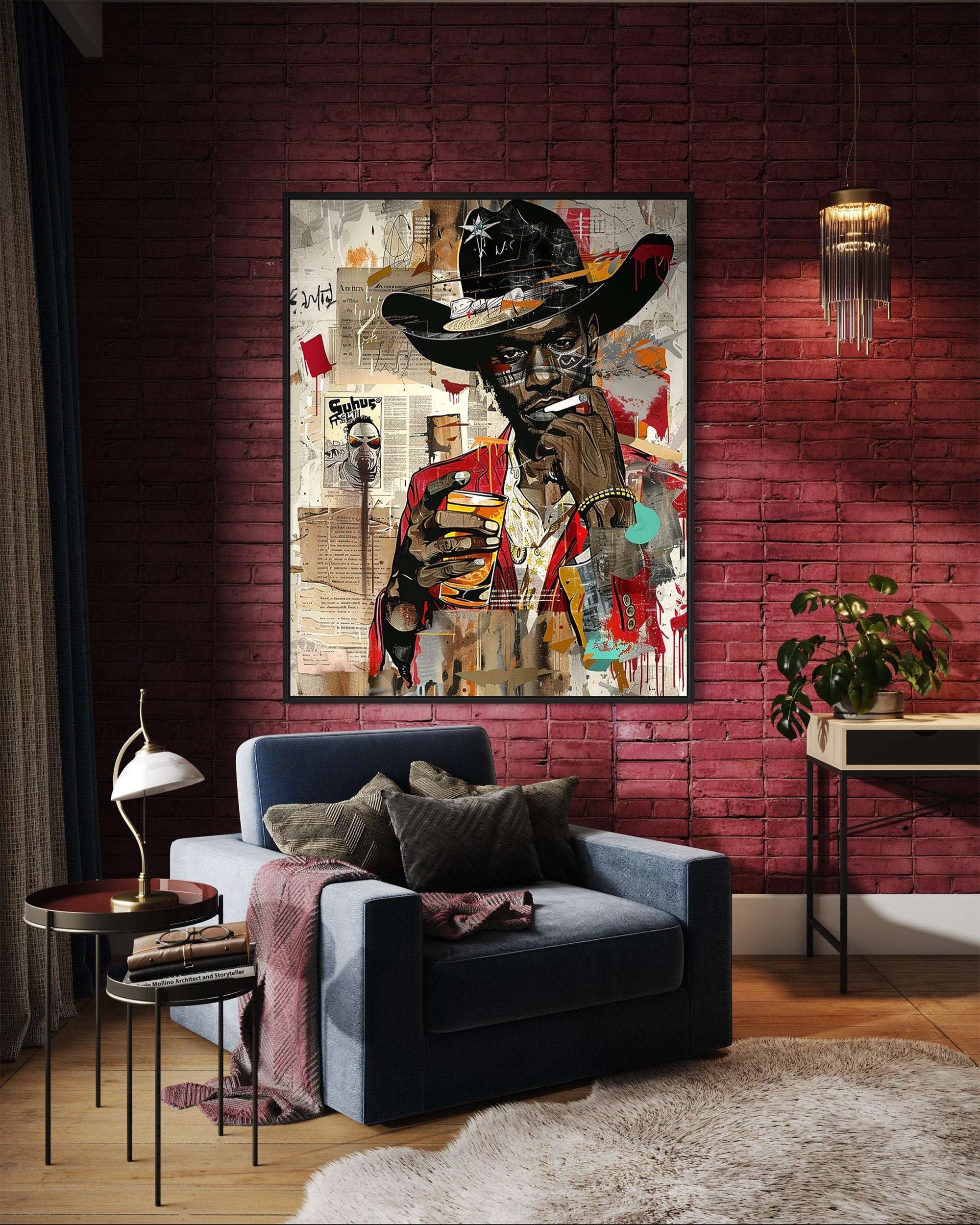Black Cowboy Pop Art Print featuring a stylish African American cowboy in an edgy graffiti pop art style. Afrocentric Western wall decor with bold colors and textured street art design.