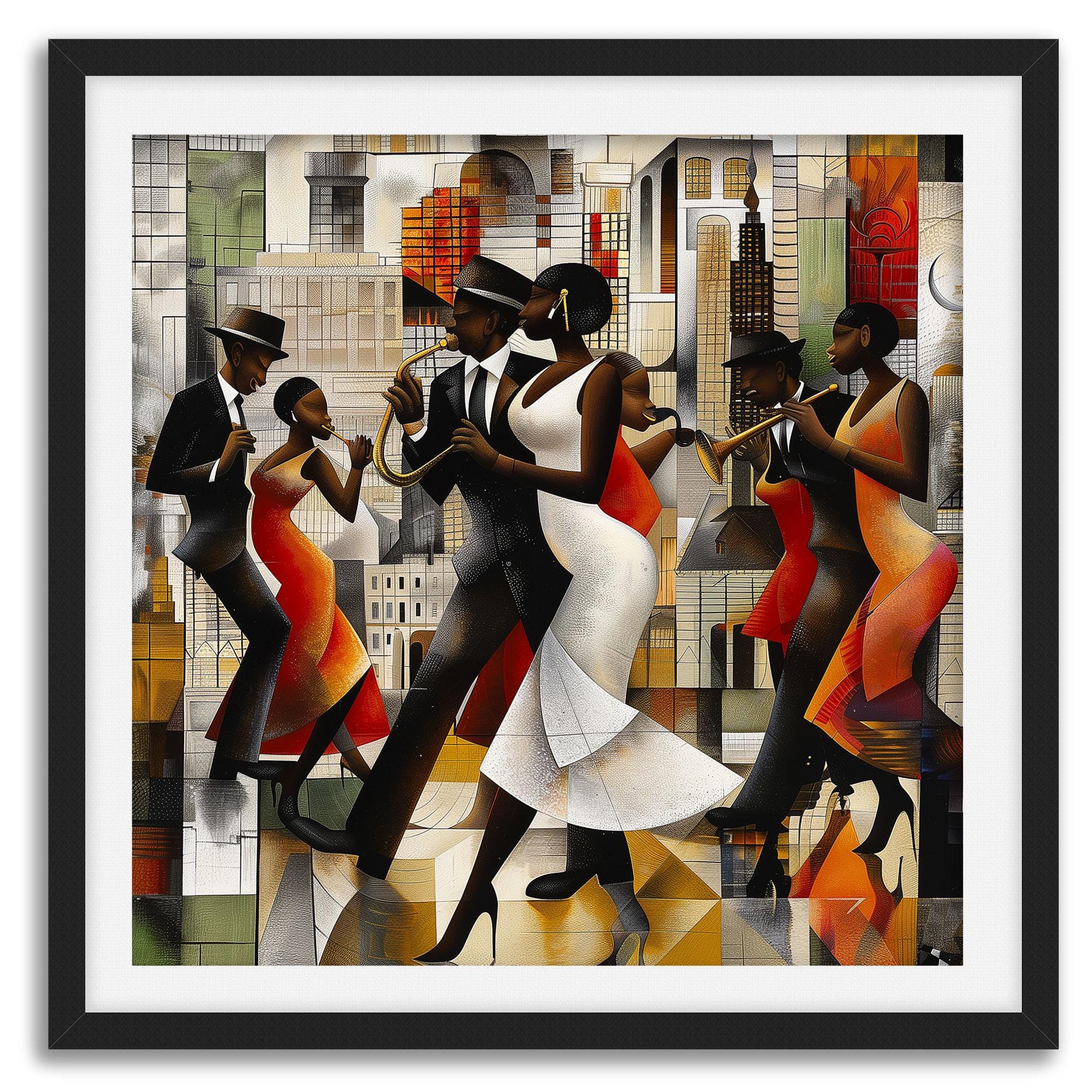 Jazz Musicians Art Print featuring African American performers in an abstract Bauhaus-inspired Afrocentric style. Vibrant Harlem Renaissance wall art celebrating music, culture, and artistic expression.