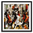 Jazz Musicians Art Print featuring African American performers in an abstract Bauhaus-inspired Afrocentric style. Vibrant Harlem Renaissance wall art celebrating music, culture, and artistic expression.