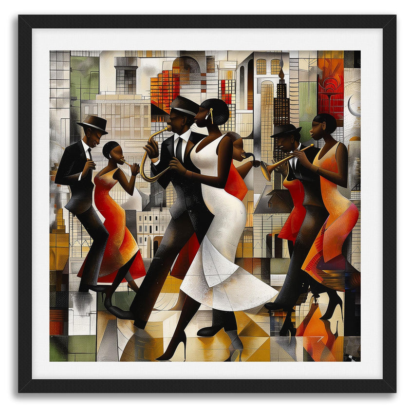 Jazz Musicians Art Print featuring African American performers in an abstract Bauhaus-inspired Afrocentric style. Vibrant Harlem Renaissance wall art celebrating music, culture, and artistic expression.