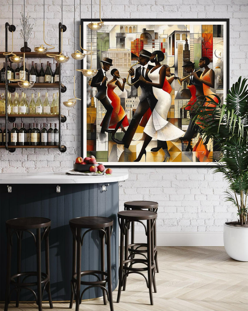 Jazz Musicians Art Print featuring African American performers in an abstract Bauhaus-inspired Afrocentric style. Vibrant Harlem Renaissance wall art celebrating music, culture, and artistic expression.