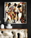 Harlem Renaissance Jazz Musicians Art Print featuring African American performers in a Bauhaus-inspired abstract Afrocentric design. Vibrant wall art celebrating Harlem’s music culture and artistic heritage.