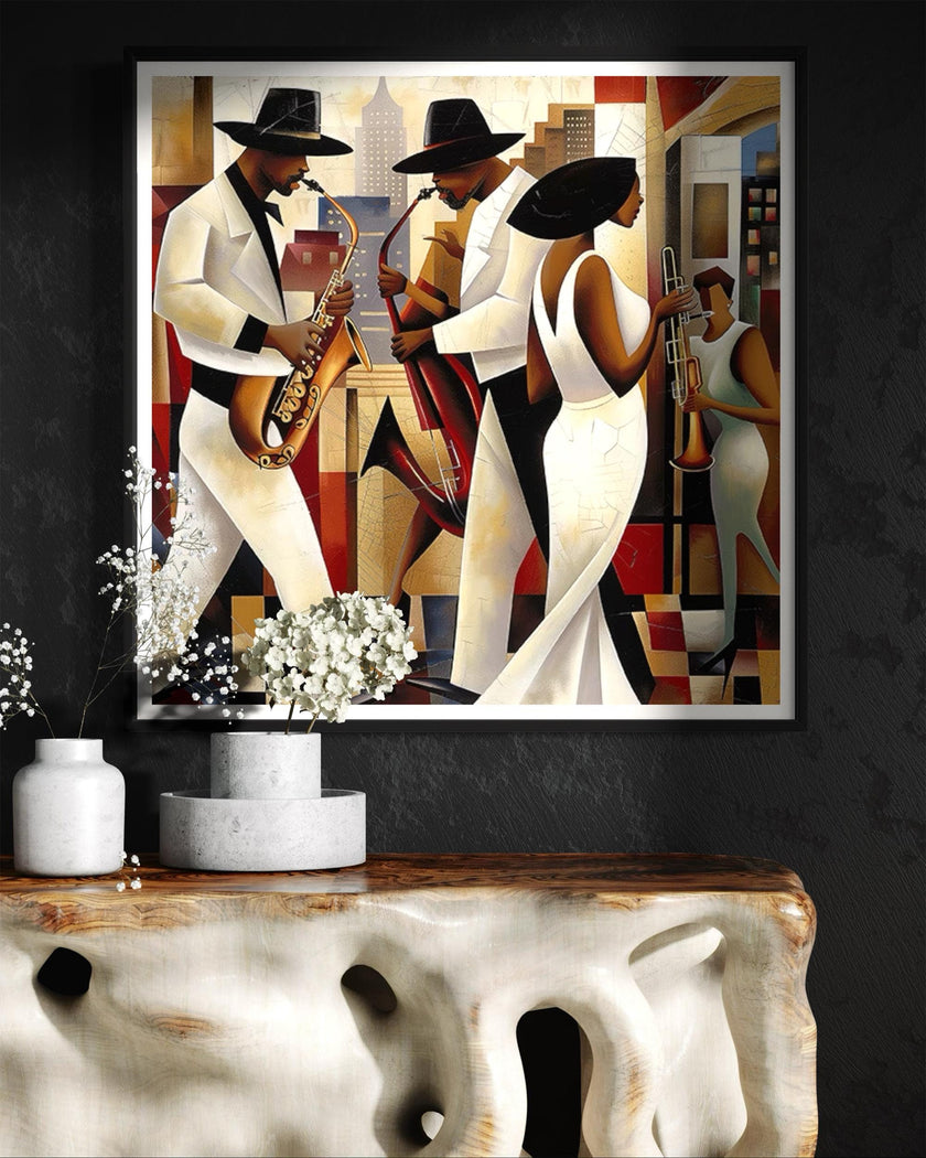 Harlem Renaissance Jazz Musicians Art Print featuring African American performers in a Bauhaus-inspired abstract Afrocentric design. Vibrant wall art celebrating Harlem’s music culture and artistic heritage.