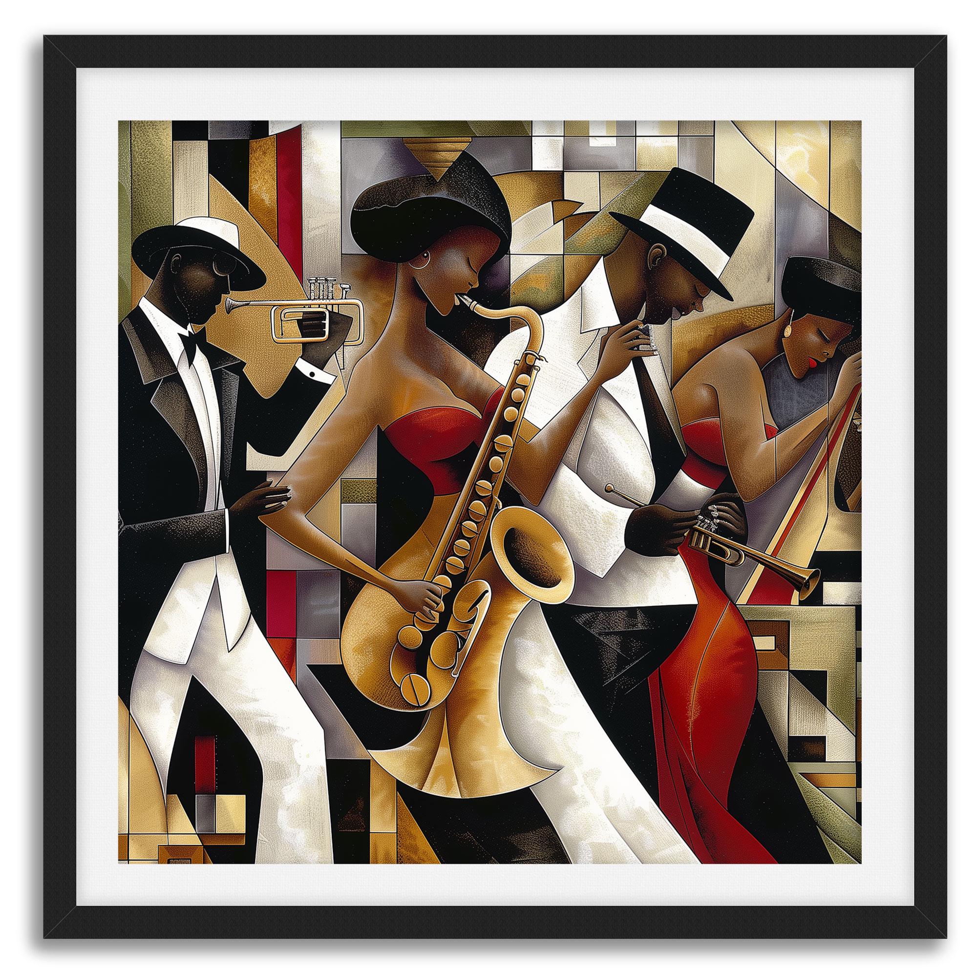 Jazz Musicians Art Print featuring African American performers in an abstract Bauhaus-inspired Afrocentric style. Vibrant Harlem Renaissance wall art celebrating music, culture, and artistic expression.