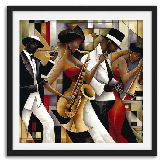 Jazz Musicians Art Print featuring African American performers in an abstract Bauhaus-inspired Afrocentric style. Vibrant Harlem Renaissance wall art celebrating music, culture, and artistic expression.