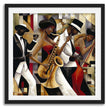 Jazz Musicians Art Print featuring African American performers in an abstract Bauhaus-inspired Afrocentric style. Vibrant Harlem Renaissance wall art celebrating music, culture, and artistic expression.