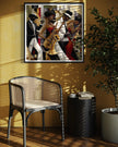 Jazz Musicians Art Print featuring African American performers in an abstract Bauhaus-inspired Afrocentric style. Vibrant Harlem Renaissance wall art celebrating music, culture, and artistic expression.