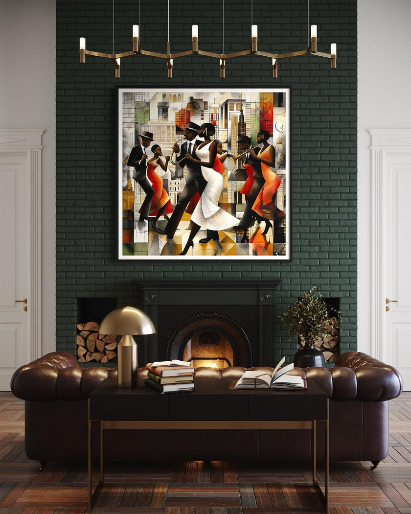 Jazz Musicians Art Print featuring African American performers in an abstract Bauhaus-inspired Afrocentric style. Vibrant Harlem Renaissance wall art celebrating music, culture, and artistic expression.