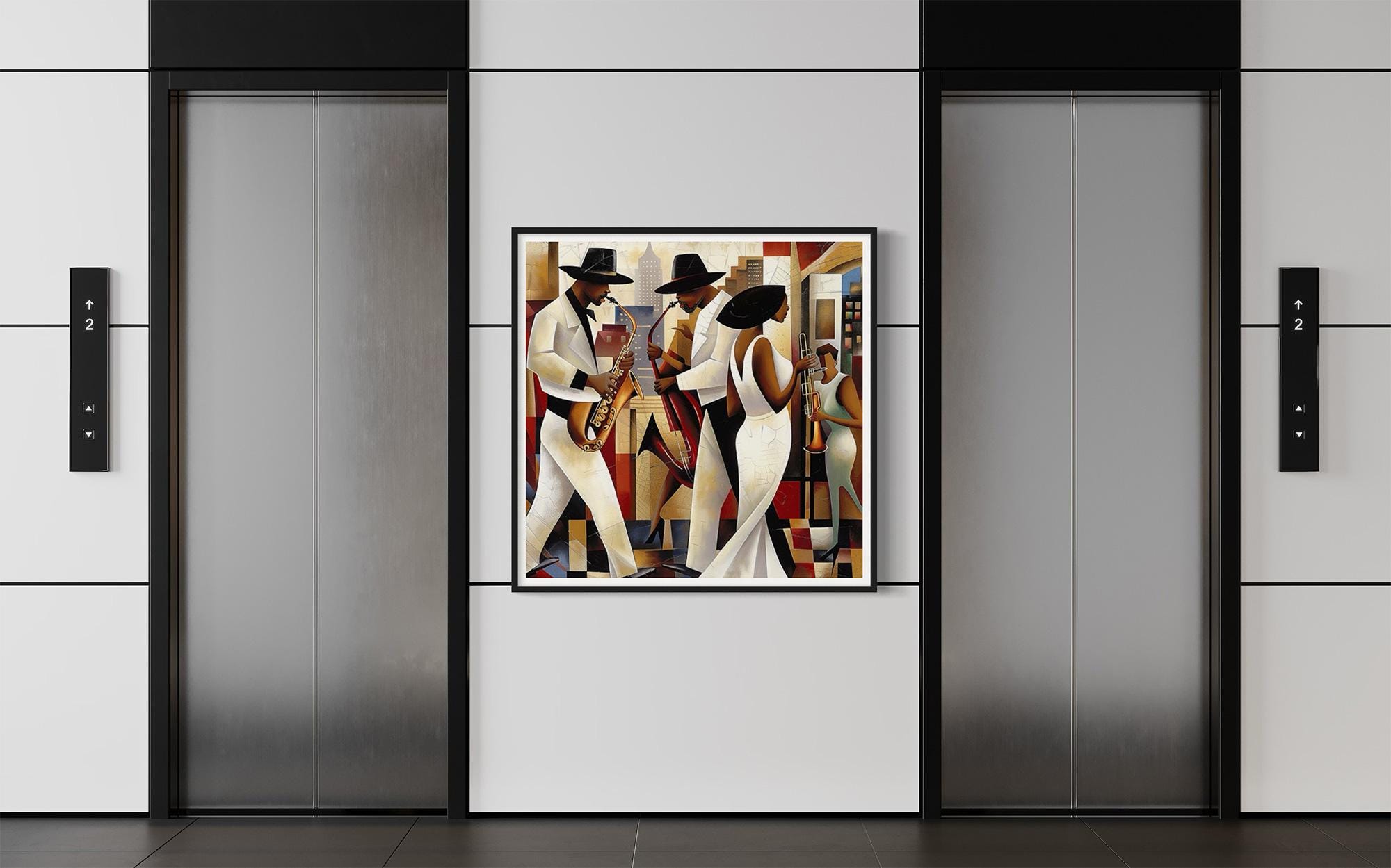 Harlem Renaissance Jazz Musicians Art Print featuring African American performers in a Bauhaus-inspired abstract Afrocentric design. Vibrant wall art celebrating Harlem’s music culture and artistic heritage.