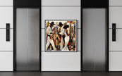 Harlem Renaissance Jazz Musicians Art Print featuring African American performers in a Bauhaus-inspired abstract Afrocentric design. Vibrant wall art celebrating Harlem’s music culture and artistic heritage.
