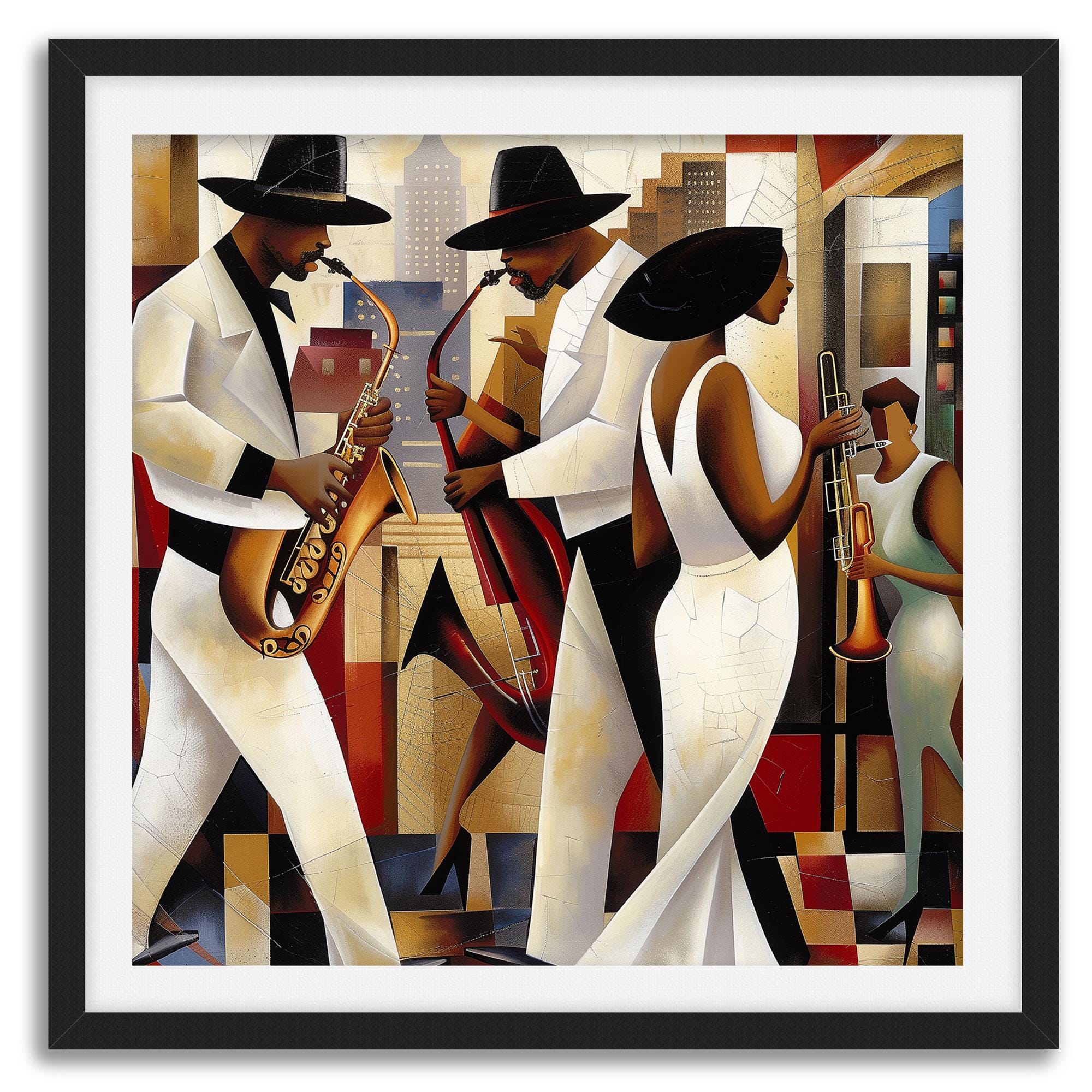 Harlem Renaissance Jazz Musicians Art Print featuring African American performers in a Bauhaus-inspired abstract Afrocentric design. Vibrant wall art celebrating Harlem’s music culture and artistic heritage.