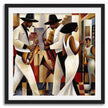 Harlem Renaissance Jazz Musicians Art Print featuring African American performers in a Bauhaus-inspired abstract Afrocentric design. Vibrant wall art celebrating Harlem’s music culture and artistic heritage.