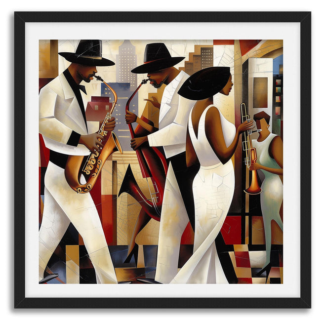 Harlem Renaissance Jazz Musicians Art Print featuring African American performers in a Bauhaus-inspired abstract Afrocentric design. Vibrant wall art celebrating Harlem’s music culture and artistic heritage.