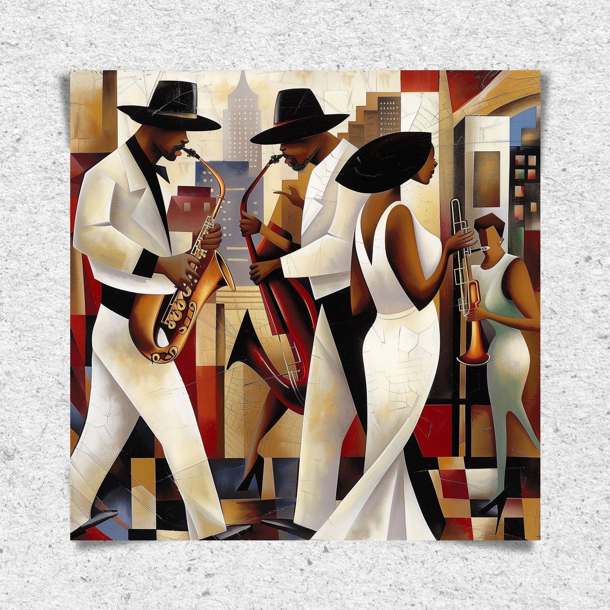 Harlem Renaissance Jazz Musicians Art Print featuring African American performers in a Bauhaus-inspired abstract Afrocentric design. Vibrant wall art celebrating Harlem’s music culture and artistic heritage.