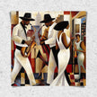Harlem Renaissance Jazz Musicians Art Print featuring African American performers in a Bauhaus-inspired abstract Afrocentric design. Vibrant wall art celebrating Harlem’s music culture and artistic heritage.