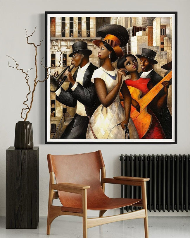 Harlem Renaissance Jazz Musicians Art Print featuring African American performers in a Bauhaus-inspired abstract Afrocentric design. Vibrant wall art celebrating Harlem’s music culture and artistic heritage.