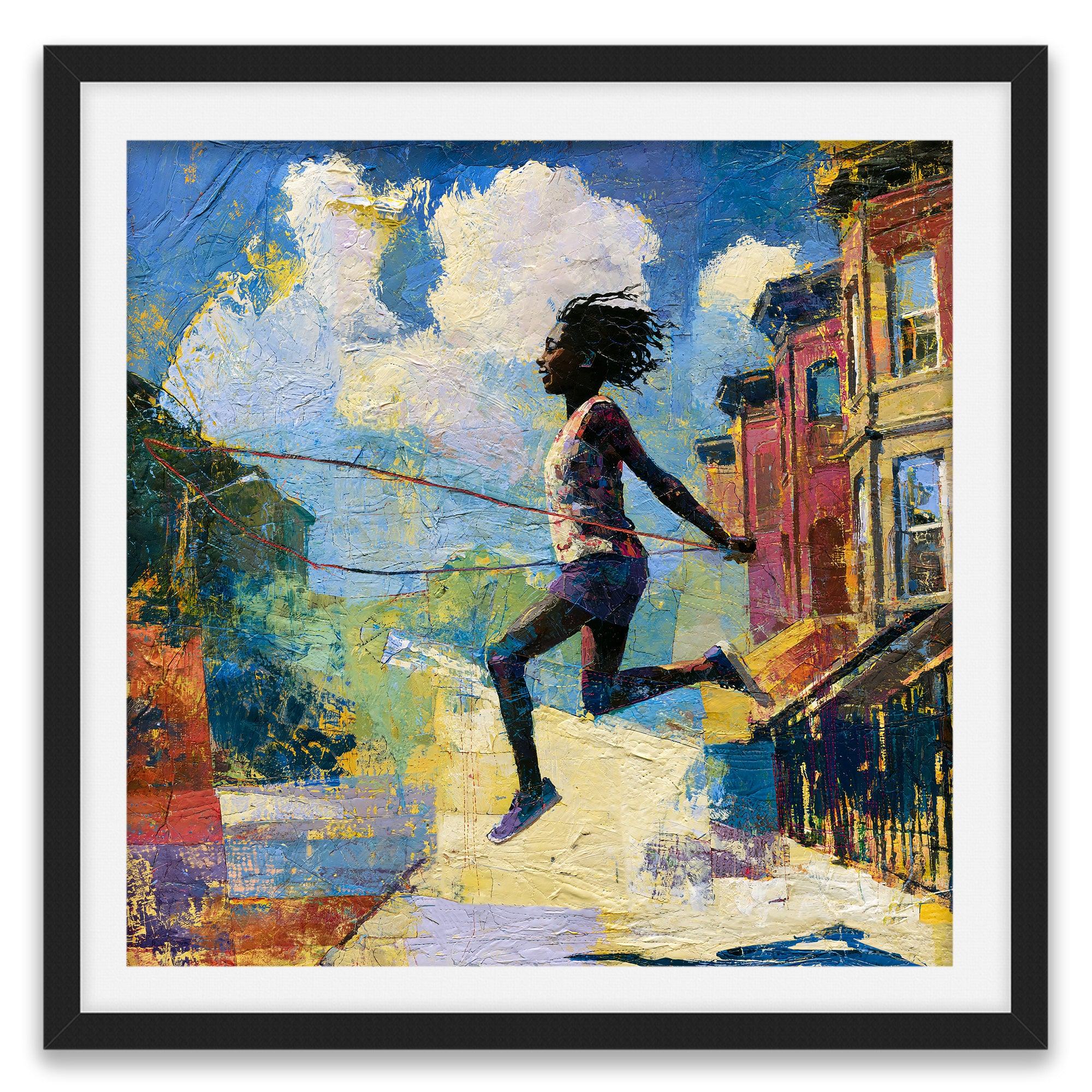 Illustration of a joyful young Black girl happily jumping rope outdoors, celebrating childhood innocence, freedom, playfulness, and Black Girl Joy through colorful Afrocentric artwork.