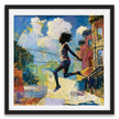 Illustration of a joyful young Black girl happily jumping rope outdoors, celebrating childhood innocence, freedom, playfulness, and Black Girl Joy through colorful Afrocentric artwork.