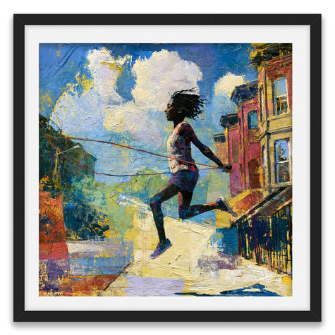 Illustration of a joyful young Black girl happily jumping rope outdoors, celebrating childhood innocence, freedom, playfulness, and Black Girl Joy through colorful Afrocentric artwork.
