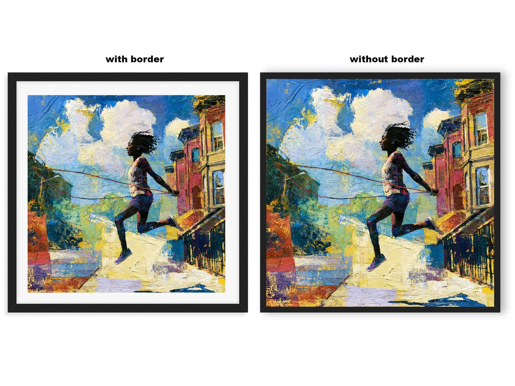 Illustration of a joyful young Black girl happily jumping rope outdoors, celebrating childhood innocence, freedom, playfulness, and Black Girl Joy through colorful Afrocentric artwork.