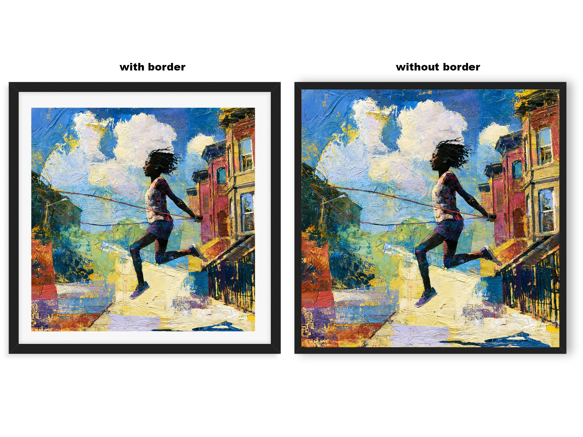Illustration of a joyful young Black girl happily jumping rope outdoors, celebrating childhood innocence, freedom, playfulness, and Black Girl Joy through colorful Afrocentric artwork.