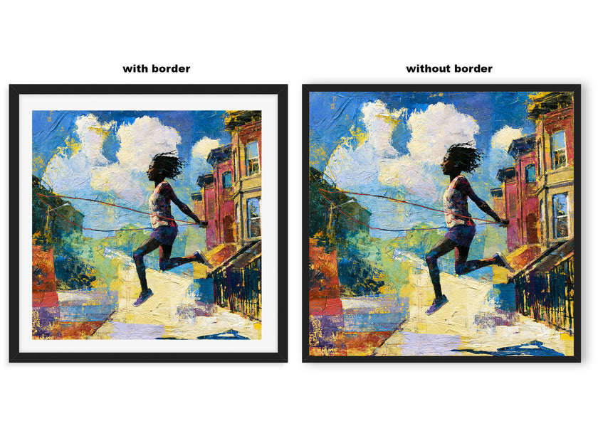 Illustration of a joyful young Black girl happily jumping rope outdoors, celebrating childhood innocence, freedom, playfulness, and Black Girl Joy through colorful Afrocentric artwork.
