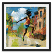 Illustration of a joyful young Black girl happily jumping rope outdoors, celebrating childhood innocence, freedom, playfulness, and Black Girl Joy through colorful Afrocentric artwork.