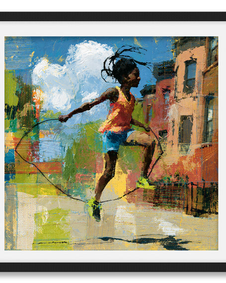 Illustration of a joyful young Black girl happily jumping rope outdoors, celebrating childhood innocence, freedom, playfulness, and Black Girl Joy through colorful Afrocentric artwork.