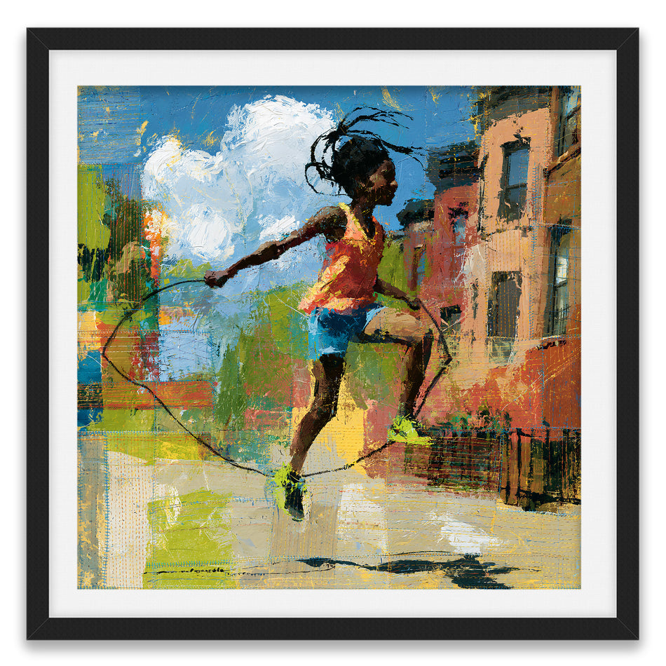 Illustration of a joyful young Black girl happily jumping rope outdoors, celebrating childhood innocence, freedom, playfulness, and Black Girl Joy through colorful Afrocentric artwork.