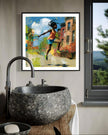 Illustration of a joyful young Black girl happily jumping rope outdoors, celebrating childhood innocence, freedom, playfulness, and Black Girl Joy through colorful Afrocentric artwork.