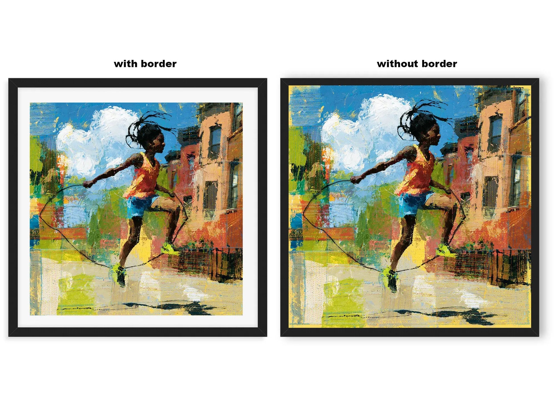 Illustration of a joyful young Black girl happily jumping rope outdoors, celebrating childhood innocence, freedom, playfulness, and Black Girl Joy through colorful Afrocentric artwork.
