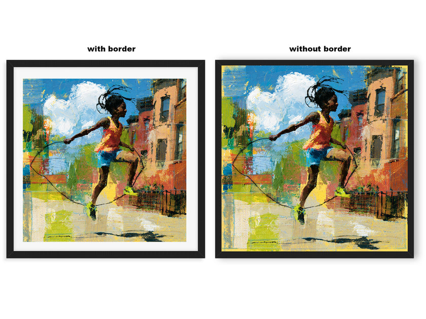 Illustration of a joyful young Black girl happily jumping rope outdoors, celebrating childhood innocence, freedom, playfulness, and Black Girl Joy through colorful Afrocentric artwork.
