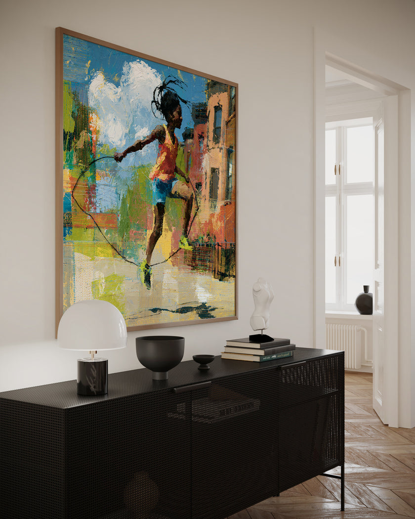 Illustration of a joyful young Black girl happily jumping rope outdoors, celebrating childhood innocence, freedom, playfulness, and Black Girl Joy through colorful Afrocentric artwork.