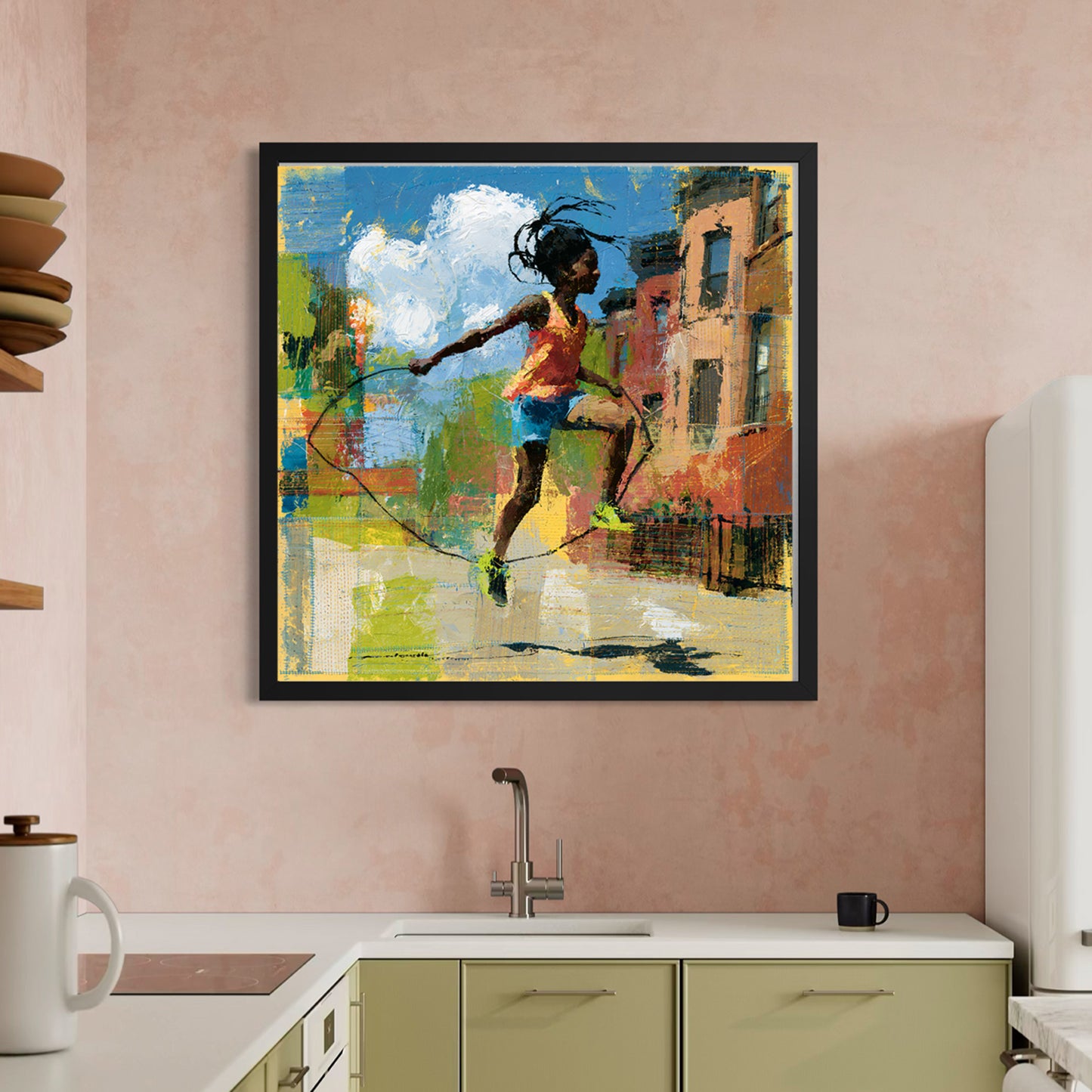 Illustration of a joyful young Black girl happily jumping rope outdoors, celebrating childhood innocence, freedom, playfulness, and Black Girl Joy through colorful Afrocentric artwork.