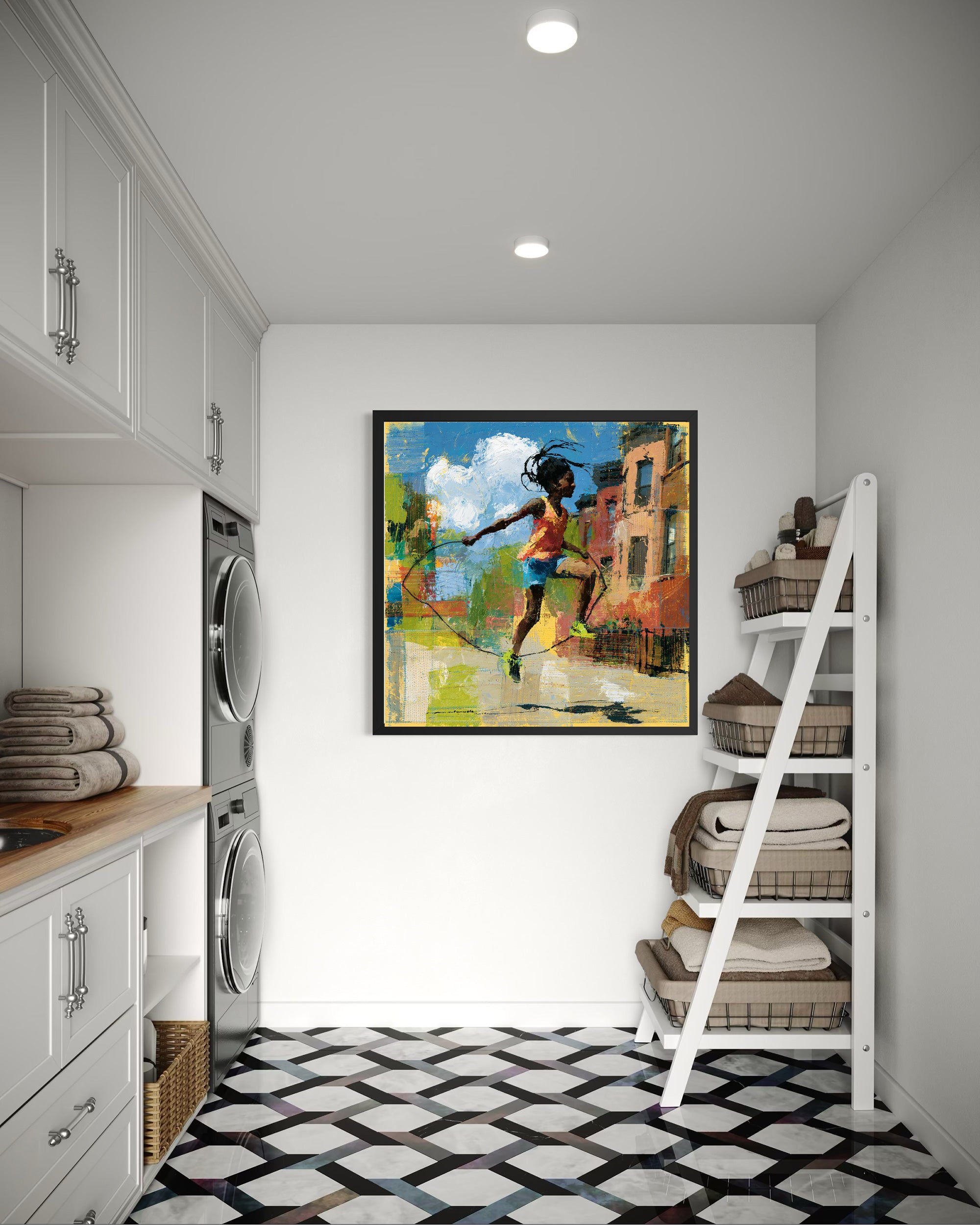 Illustration of a joyful young Black girl happily jumping rope outdoors, celebrating childhood innocence, freedom, playfulness, and Black Girl Joy through colorful Afrocentric artwork.