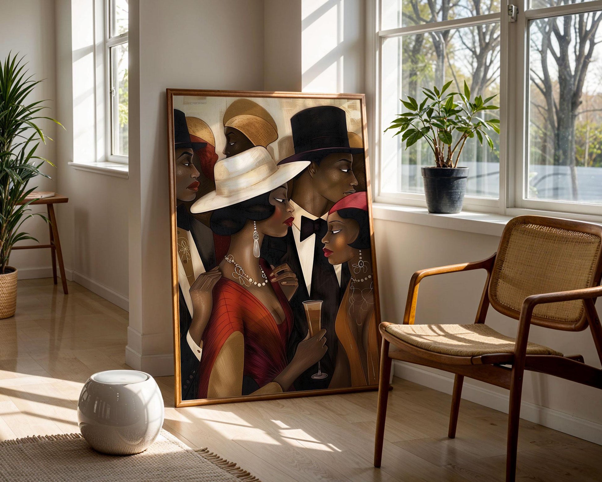 Art print titled "Spill the Tea" from the Ladies and Gents of Harlem Collection, featuring fashionable Black couples engaged in lively conversation. Designed in a Bauhaus-inspired abstract style, the piece celebrates African American culture, style, and social life in Harlem.