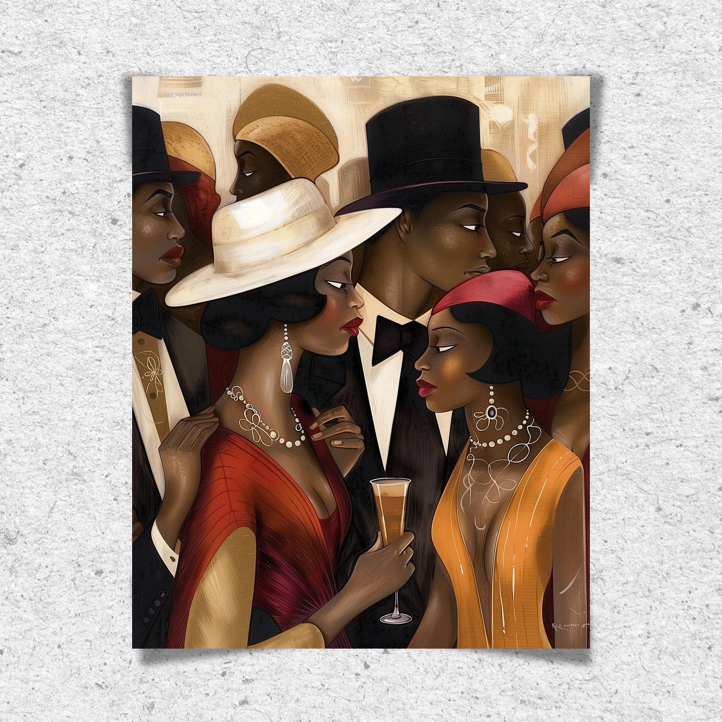 Art print titled "Spill the Tea" from the Ladies and Gents of Harlem Collection, featuring fashionable Black couples engaged in lively conversation. Designed in a Bauhaus-inspired abstract style, the piece celebrates African American culture, style, and social life in Harlem.