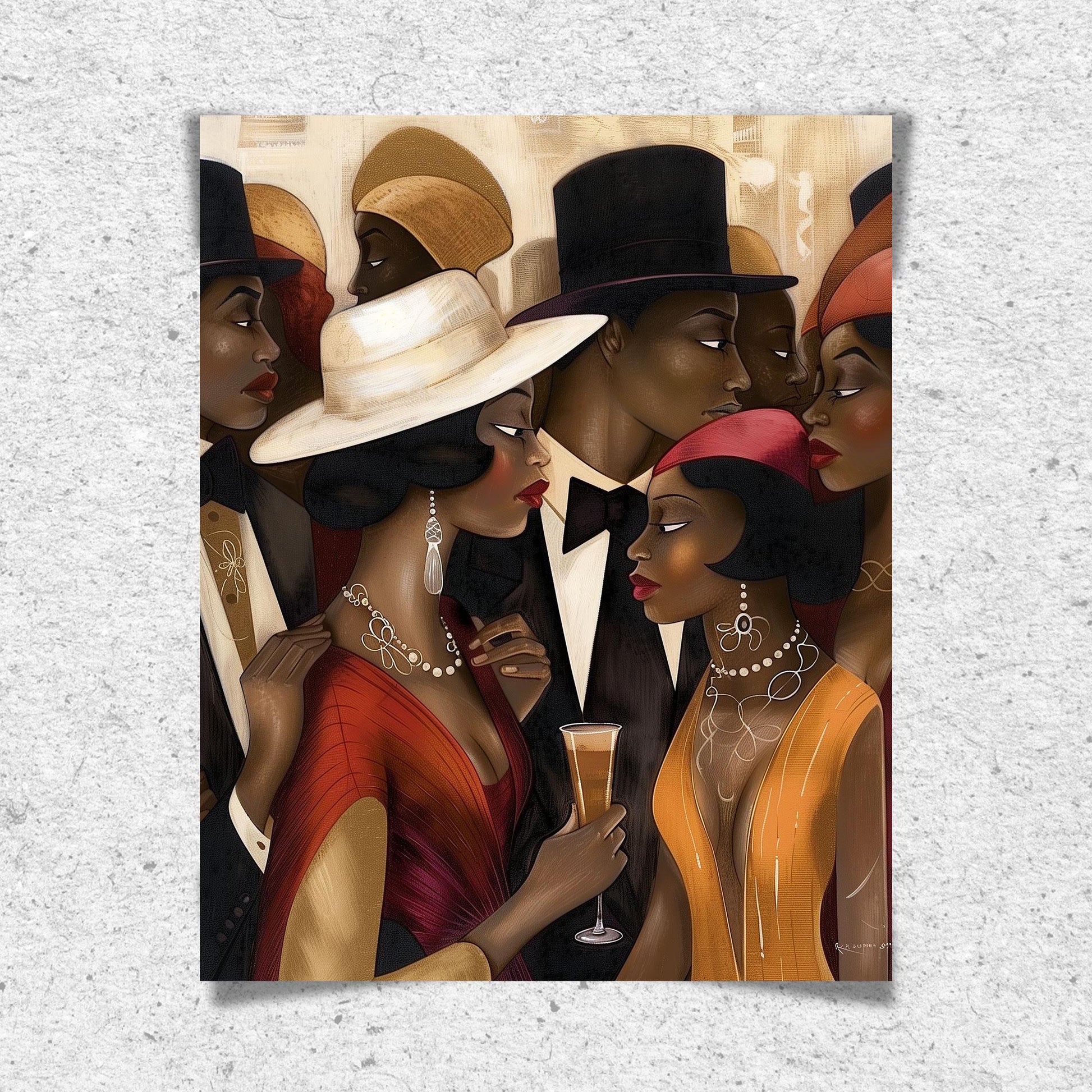 Art print titled "Spill the Tea" from the Ladies and Gents of Harlem Collection, featuring fashionable Black couples engaged in lively conversation. Designed in a Bauhaus-inspired abstract style, the piece celebrates African American culture, style, and social life in Harlem.