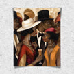 Black Couples Social Scene Art Print featuring stylish African American men and women in a Harlem nightlife setting. Bauhaus-inspired Afrocentric abstract art with bold colors, geometric patterns, and cultural elegance.